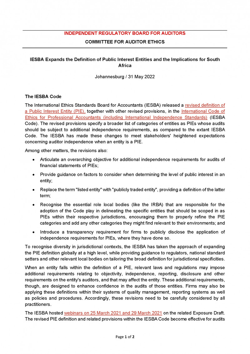 Implications for SA of new Revised Definition of PIEs logo
